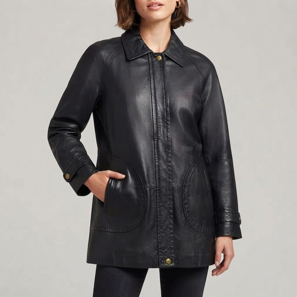 Anne Klein Black Vtg Leather Long Jacket Coat Gold Buttons Pockets Size Large